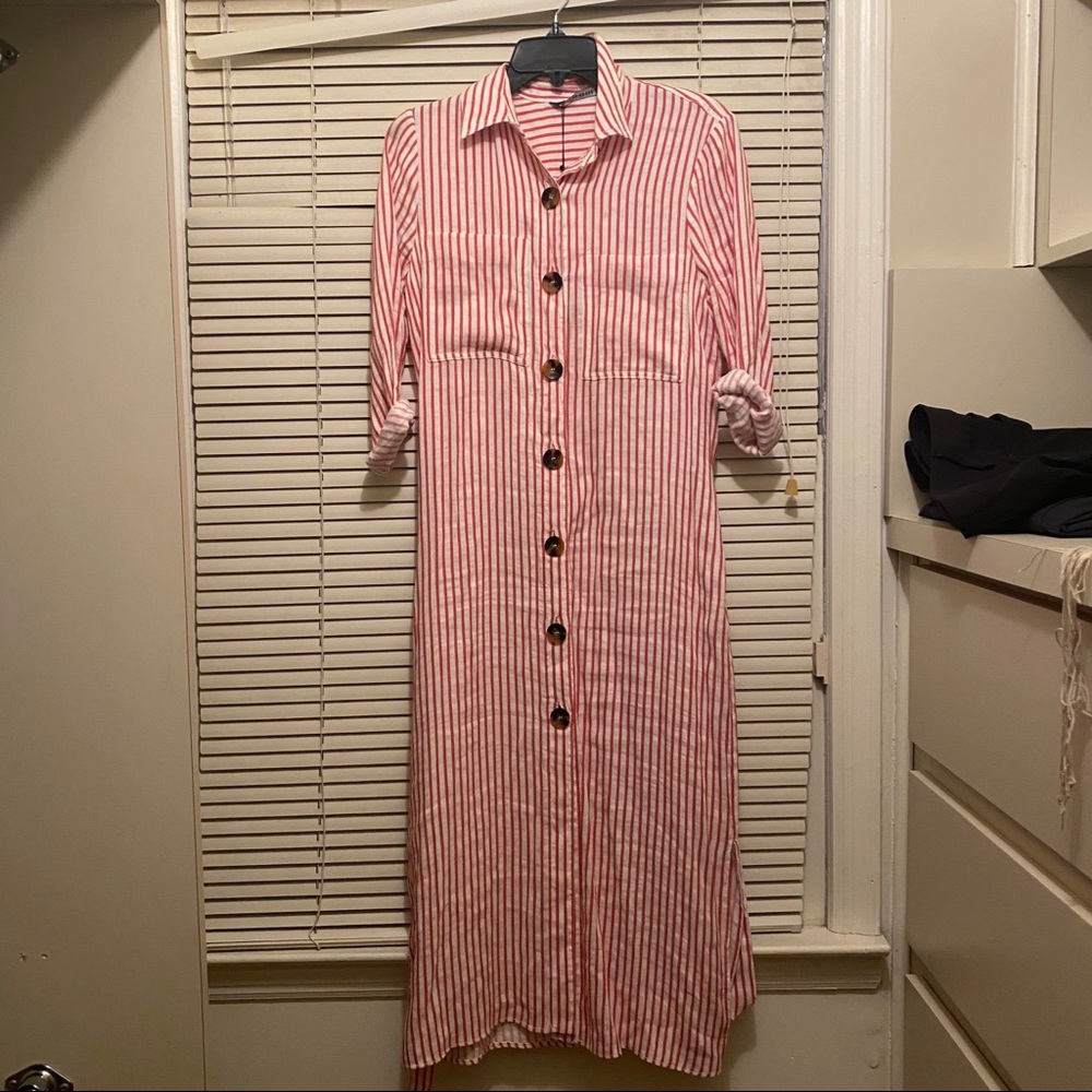 Zara | Red White Stripe Linen Tunic Belted Dress S - Picture 10 of 10